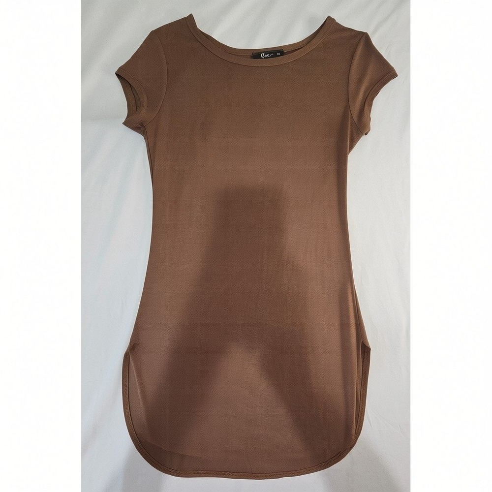 Pinc Womens Brown Short Sleeve Crew Neck Jersey Knit Basic Tee Top Size Small